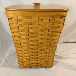 Longaberger Medium Waste Paper Trash Hamper Basket W/ Wood Lid & Plastic Liner