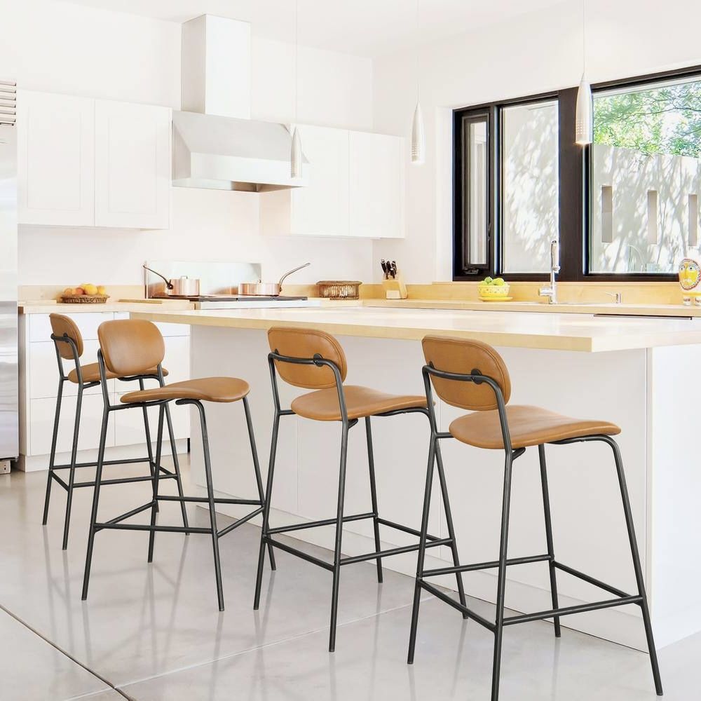 Whiskey Brown Low Back Faux Leather Counter Height Bar Stools with