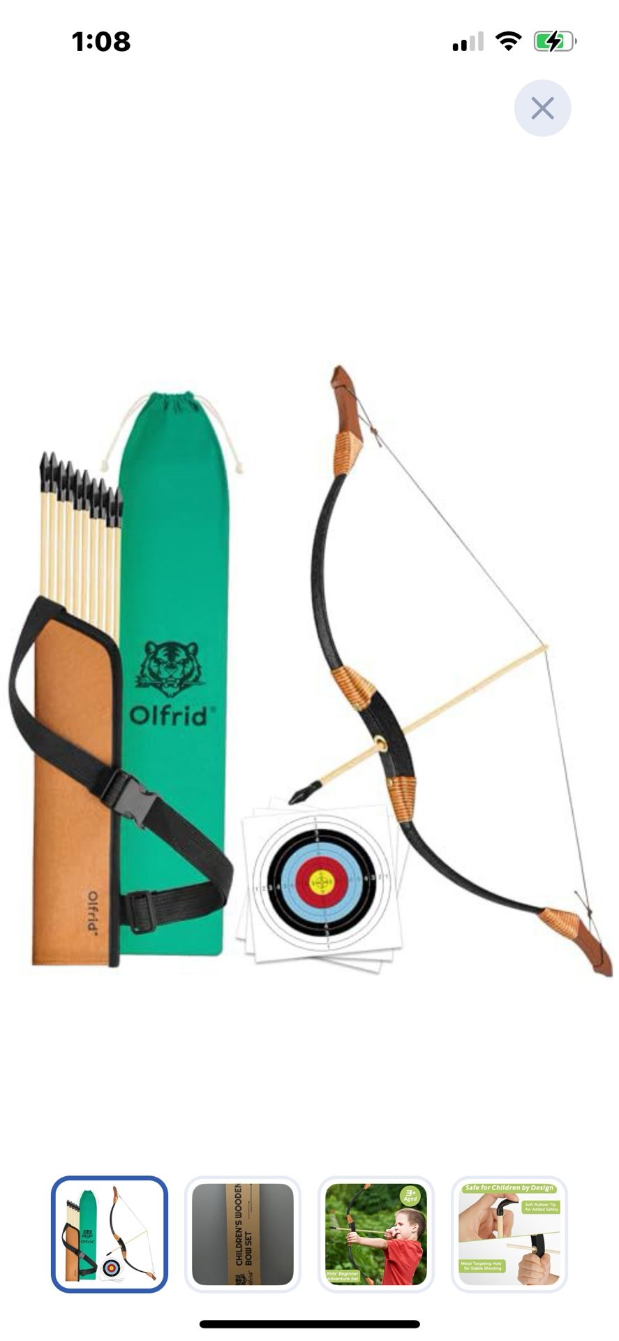 “New”Kids Wood Bow And Arrow “w/Rubber Tip”(10 Arrows/3targets)retail$39