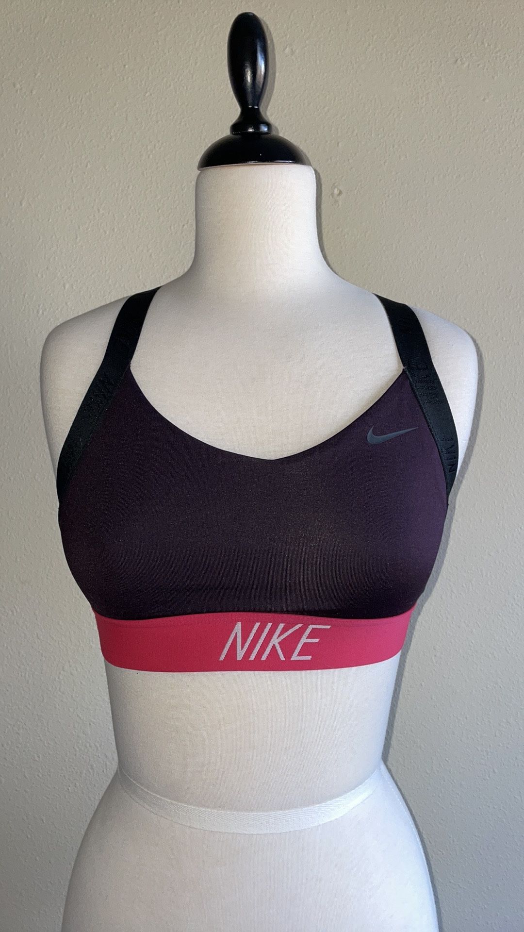NIKE pro sport bra in deep purple/black straps/pink band women’s size small