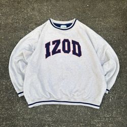 90s Style Izod Embroidered Spell Out Navy And White Crewneck Sweatshirt