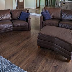 Brown Leather Couches + Ottoman