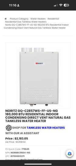 NORITZ GQ-C2857WS-FF-US-NG 180,000 BTU RESIDENTIAL INDOOR CONDENSING DIRECT VENT NATURAL GAS TANKLESS WATER HEATER
