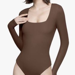 Women Brown Bodysuit Leotard Long Sleeve Size Large .  (T)
