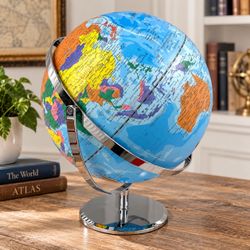 Vintage 12" World Globe Blue Ocean Political Map Chrome Metal Stand Desk Decor