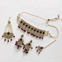Indian Pakistani Bridal Jewelry Set, 5-Piece - Maroon / Pearl