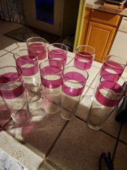 Set of 9 Pink Band Drinking Glasses