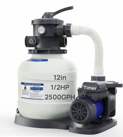 AQUASTRONG Sand Filter Pump for Above Ground Pool with Timer, 1/2 HP Pool Pumps Above Ground 2500 GPH for Pools up to 9000GAL, 12in Pool Sand Filter w