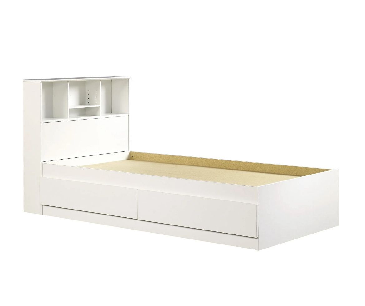 Twin bed with storage drawers and bookcase headboard
