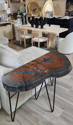 SOLID PAROTA WOOD • LIVE EDGE SOFA ACCENT TABLE• ONE-OF-A-KIND