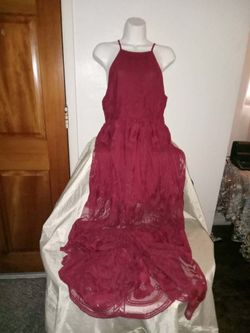 Elegant burgundy halter maxi dress measurements 16 inches from pit to pit 53 in in length
