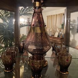 Bohemian Glass Bottle With 5 Shot Glasses