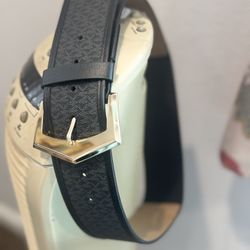 Elegant MK Black Belt with Geometric Gold Buckle