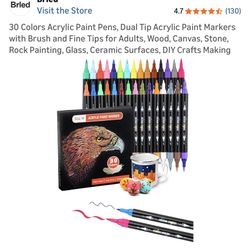 30 Colors Acrylic Paint Pens, Dual Tip Acrylic Paint Markers with Brush and Fine Tips for Adults, Wood, Canvas, Stone, Rock Painting, Glass, Ceramic S