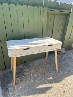 Mid Century Office Desk with 2 Drawers - Vintage Writing Desk Computer Workstation with Sturdy Rubberwood Legs