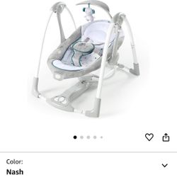 Ingenuity ConvertMe 2-in-1 Compact Portable Automatic Baby Swing & Infant Seat, Battery-Powered Vibrations, Nature Sounds, 0-9 Months 6-20 lbs (Nash)