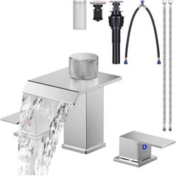 Bathroom Faucets, Waterfall Bathroom Faucet 3 Hole with Filter, 8 Inch Widespread Bathroom Sink Faucet with Metal Pop-Up Drain and Supply Hoses, Perfe