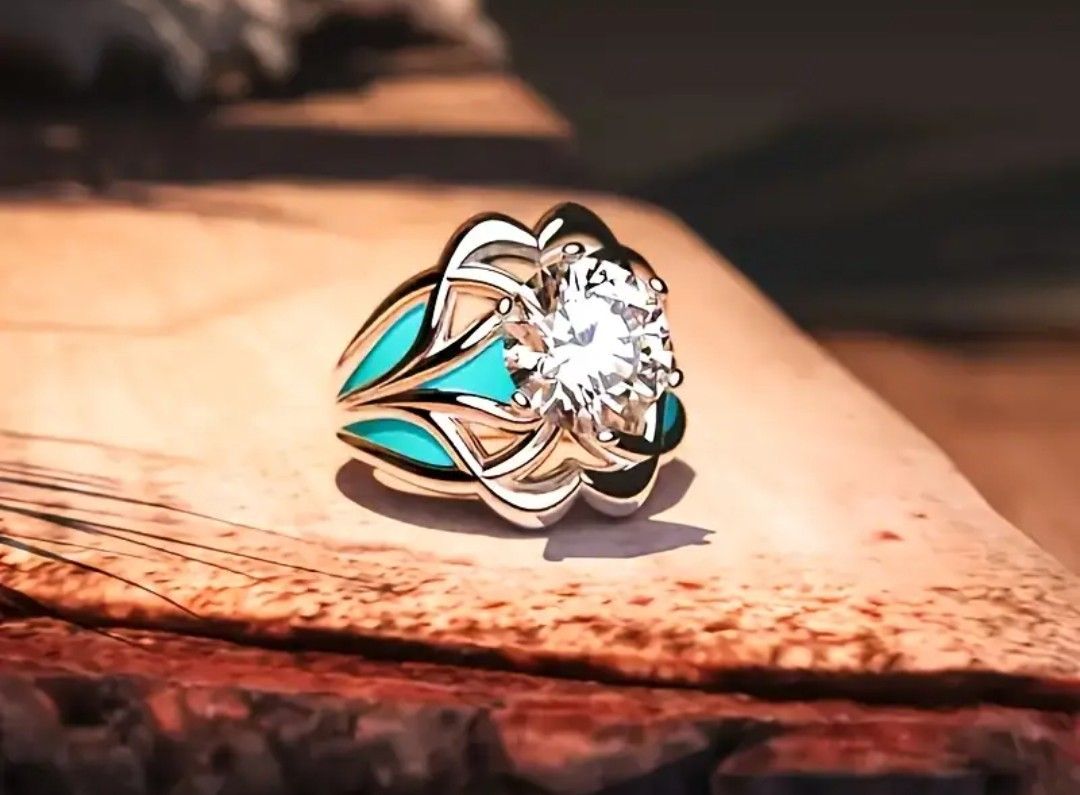 Elegant Vintage Style Turquoise & Silver Tone  Ring 