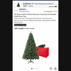 4ft Green Prelit Artificial Christmas Tree,Arbol de Navidad Small Xmas Tree Fake Tree with 150 Lights/450 Branch Tips,Premium Spruce Xmas Tree Foldabl