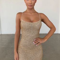 Oh Polly Drop A Glint Embellished Mini Dress in Gold   SIZE 6  NWT in Box 