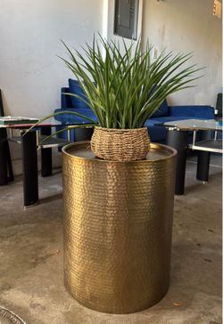 Manila Cylinder Drum Side Table Gold - Threshold™: Modern Luxury Metal with faux plant