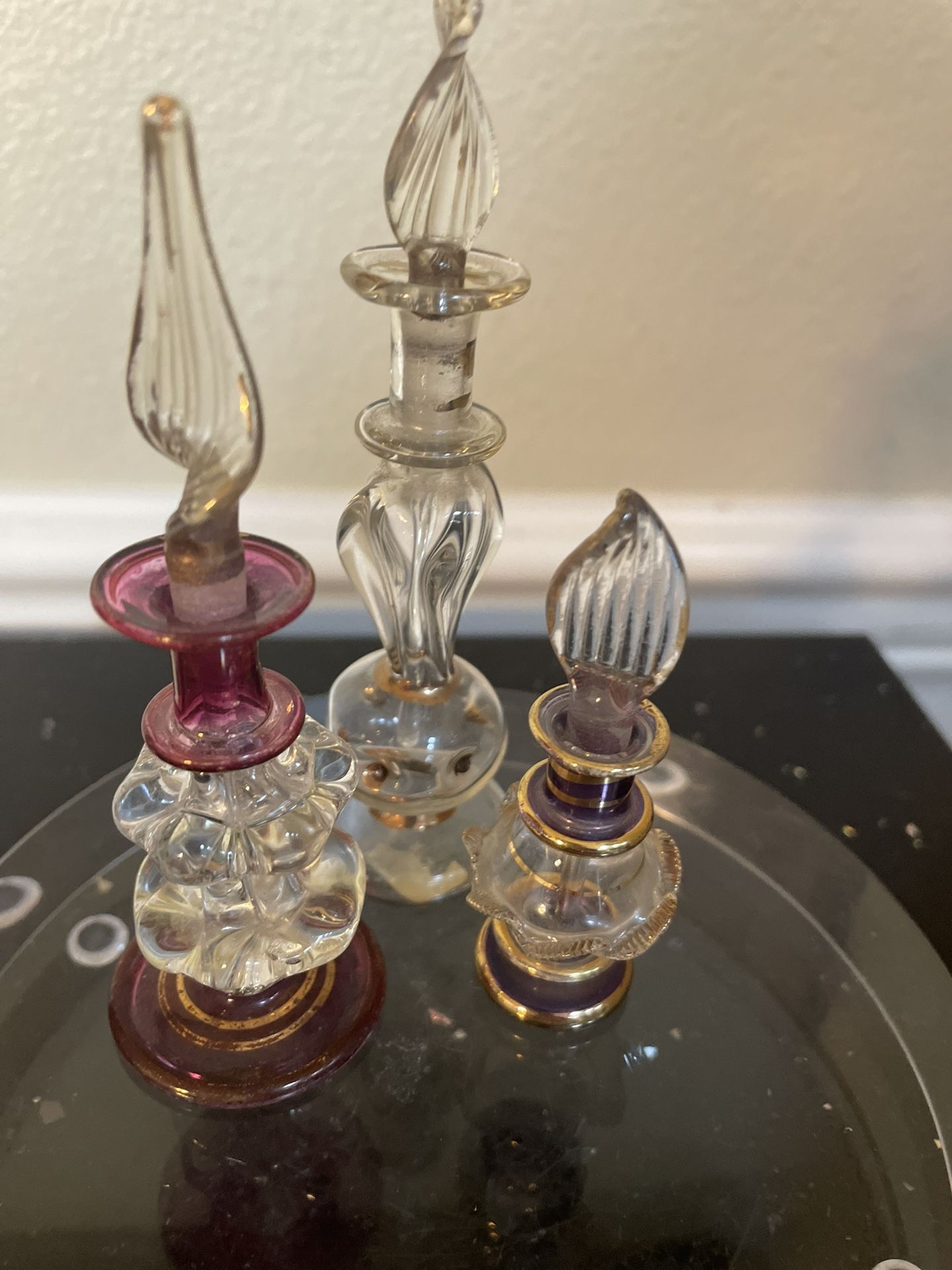 3 Vintage Egyptian Blown Glass Perfume Bottles w/ Stoppers 