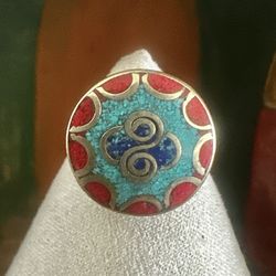 Turquoise & Coral Inlay Brass Adjustable Ring