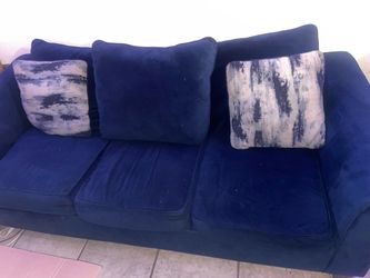 Blue Velvet 3-Seat Sofa with Throw Pillows and Love Seat Sofa