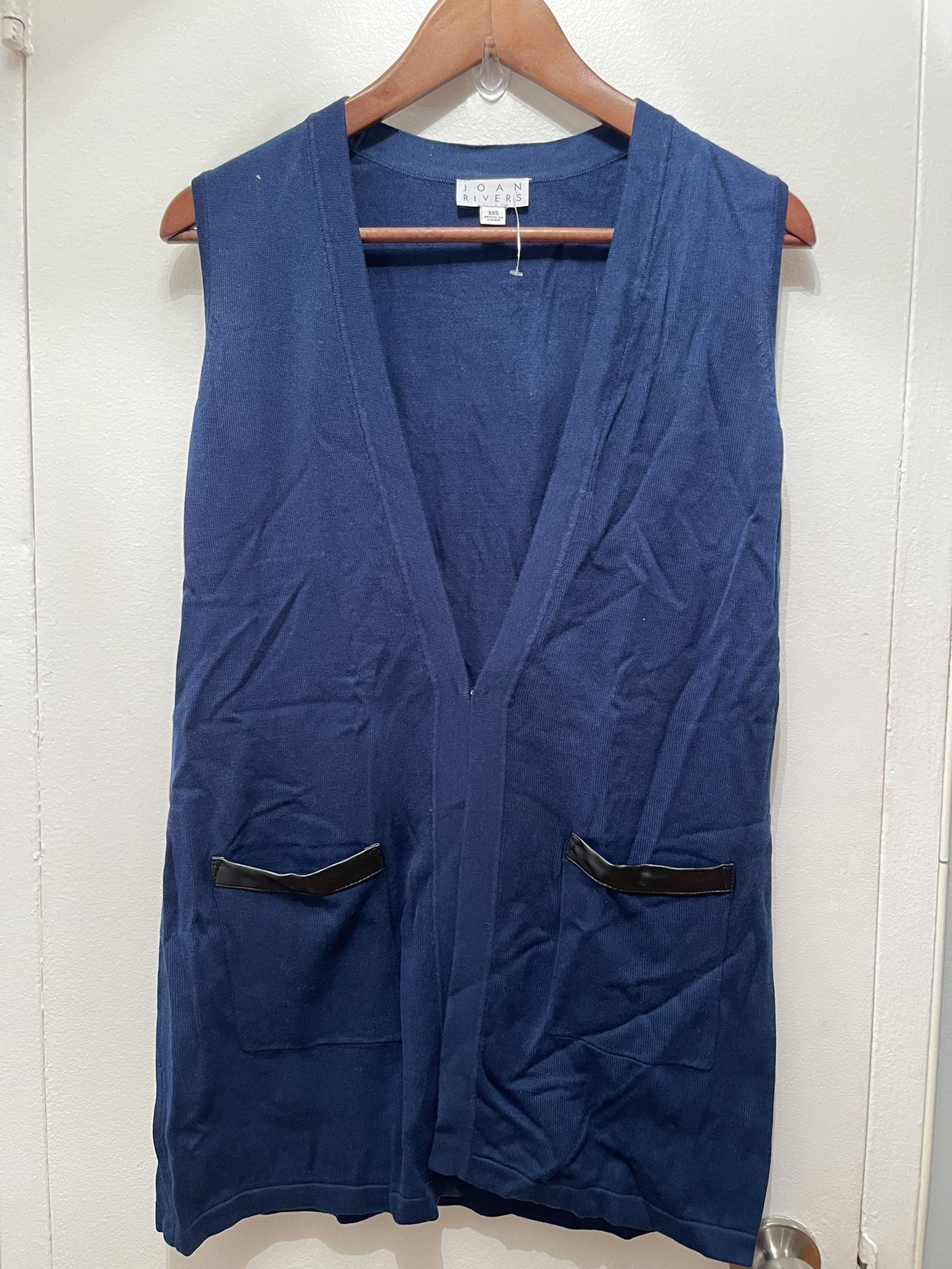 Joan Rivers Sweater Vest Sz XXS Blue with Black Faux Leather Trim Knee Length