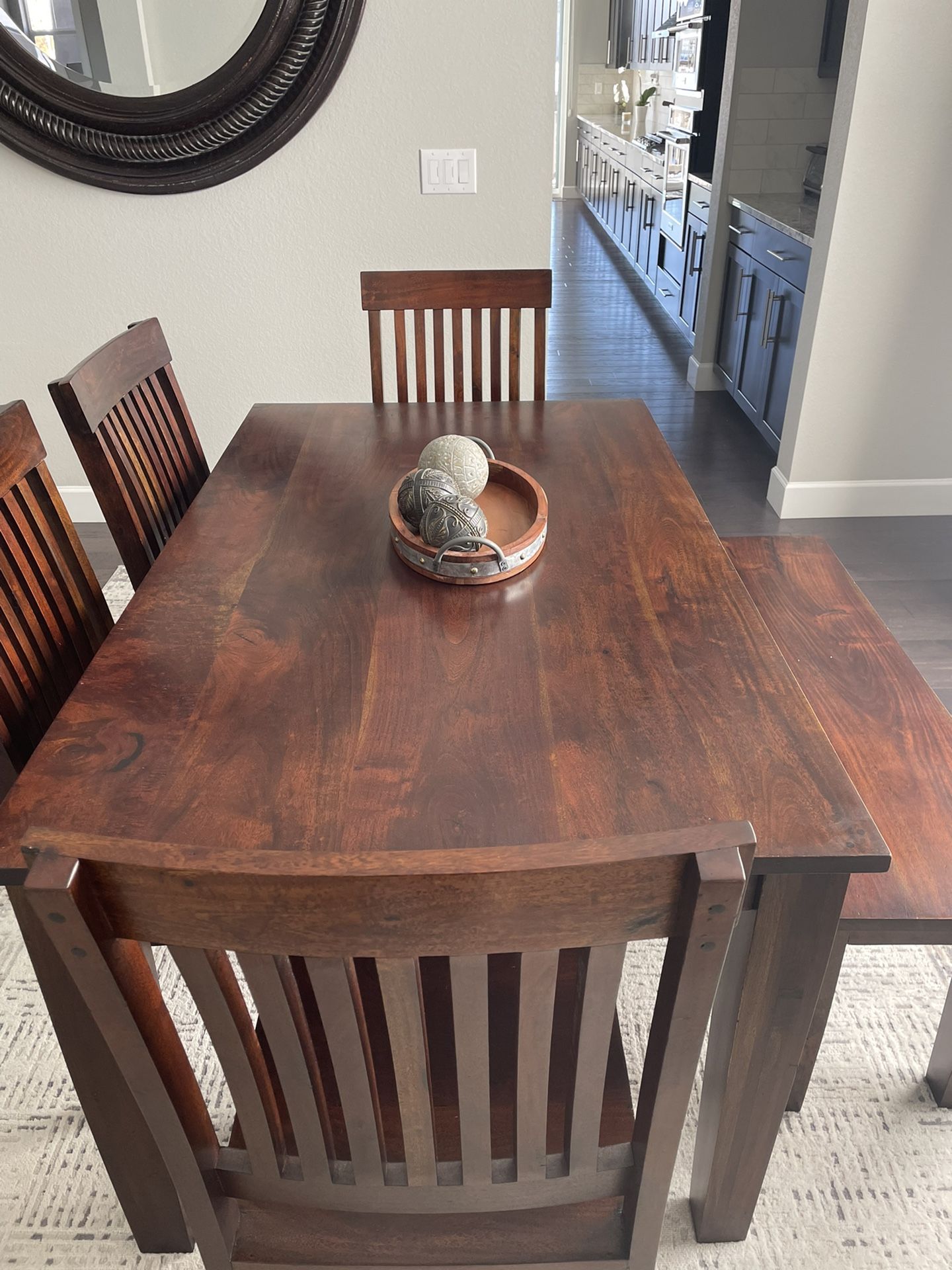 World Market Wood Dining Table, 4 Chairs + Bench