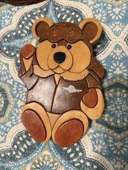 Wood Carved Pilot Teddy Bear