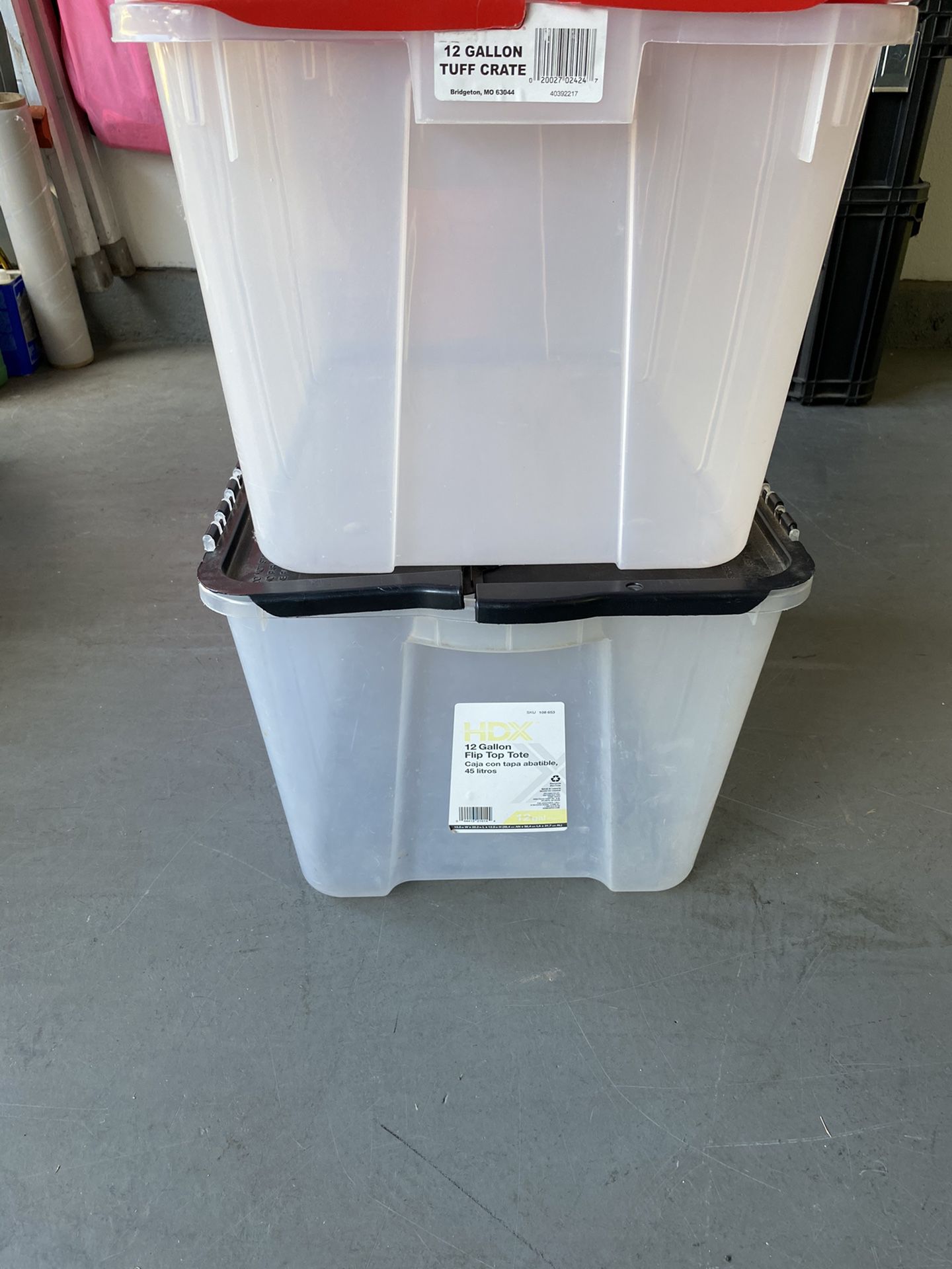 Two 12 Gallon Plastic Storage Containers