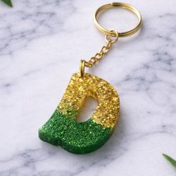 Letter D, Customized Gold And Green Resin Keychain 