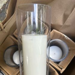 6 - 3x6” White Candles And Hurricane Glass
