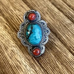 Turquoise & Coral Sterling Silver 925 Ring Size 6.5