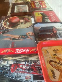 Vintage metal Coke Signs and trays lot of 9