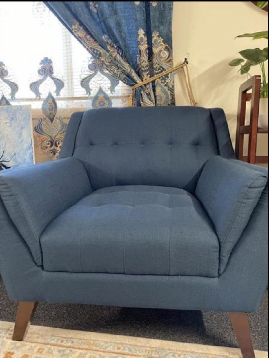 RC Wally Wide Tufted sofa Mid-Century Modern Comfy Accent with Wood Legs, Solid Wood Frame single Sofa for Bedroom, Living Room, Hotel, Blue