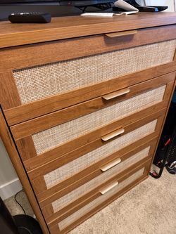Wood and Cane Dresser with 5 Drawers