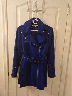 Kenneth Cole New York Cobalt Blue Belted Moto Coat Size 12