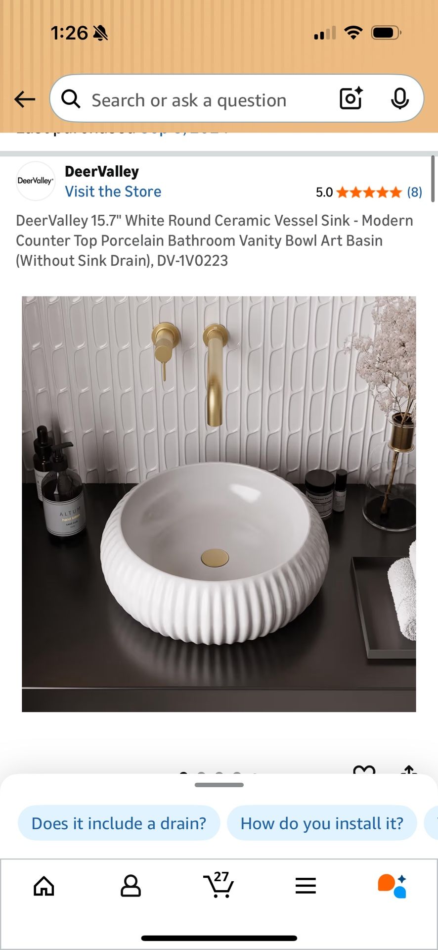 DeerValley 15.7" White Round Ceramic Vessel Sink - Modern Counter Top Porcelain Bathroom Vanity Bowl Art Basin (Without Sink Drain), DV-1V0223