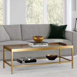 Alexis 45 in. Brass Rectangle Glass Top Coffee Table with Shelf.   Meyer&Cross Model # CT0380   L-4787