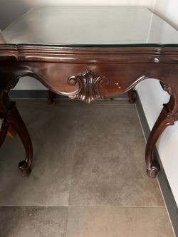 Carved Wood Table with Glass Top