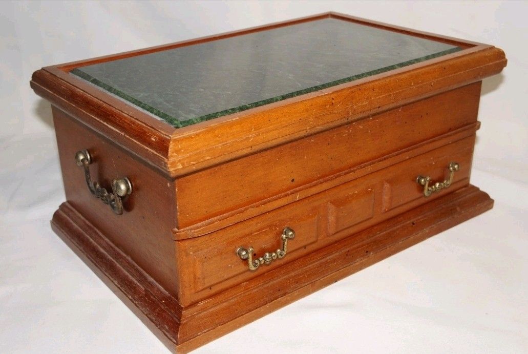 Old 1970 Montgomery Wards Green Marble Top Vintage Wood Jewelry Box with Drawer