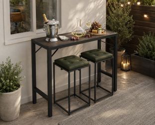 Bar Table with 2pcs Bar Stools, 39” Patio Bar Height Table, Bar Counter Pub Dining Table with Waterproof Top, Metal Frame Square Backless Bar Chairs w