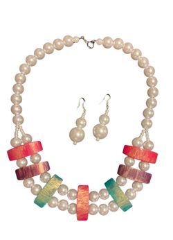 Multicolor pearl and wood necklace and earrings