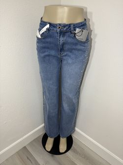 Women’s Blue High Rise Straight Leg Jeans Rhinestone Side Detail Denim Pants