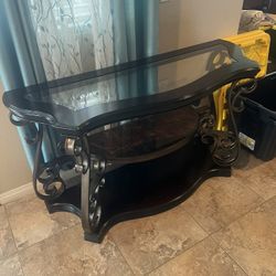 Dark Wood Console Table Glass Top Scrollwork