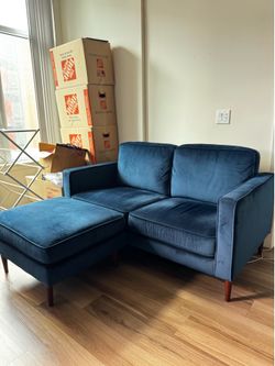Blue Velvet Couch + Ottoman