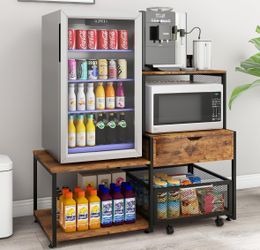 Mini Fridge Stand with Storage Coffee Bar Cabinet with Power Outlet Beverage Wine Refrigerator Table Microwave Oven Stand Rack with Large Capacity Dra