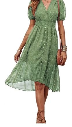 Green Floral Midi Dress with Puff Sleeves